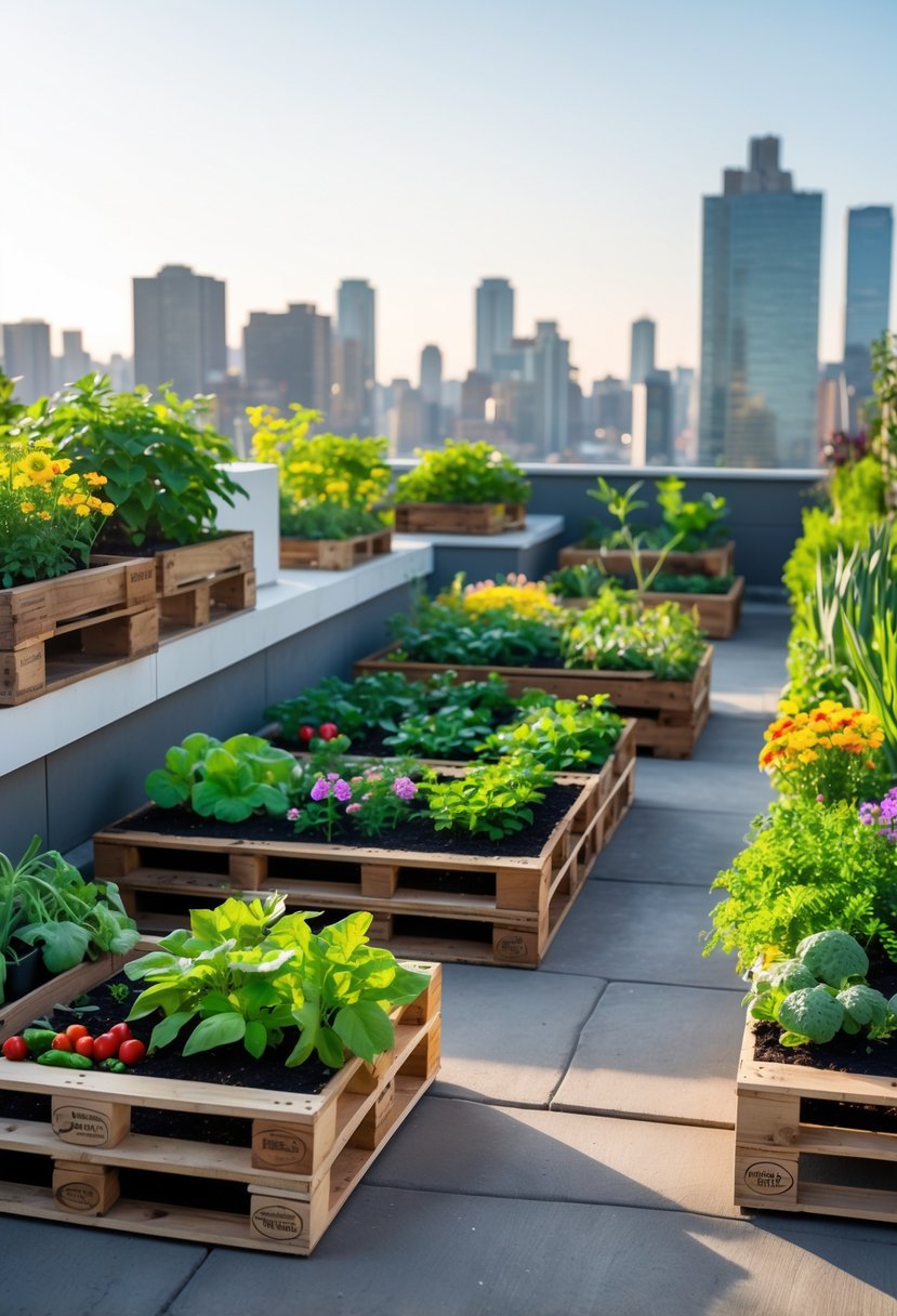 A small rooftop garden with modular wooden pallet planters filled with green plants and flowers against a city skyline.