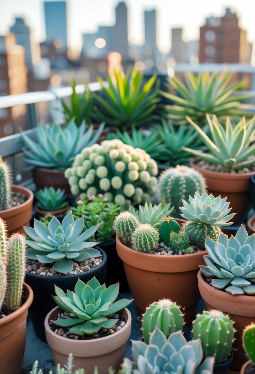 A rooftop garden with various succulent and cactus plants arranged in pots, surrounded by an urban skyline.