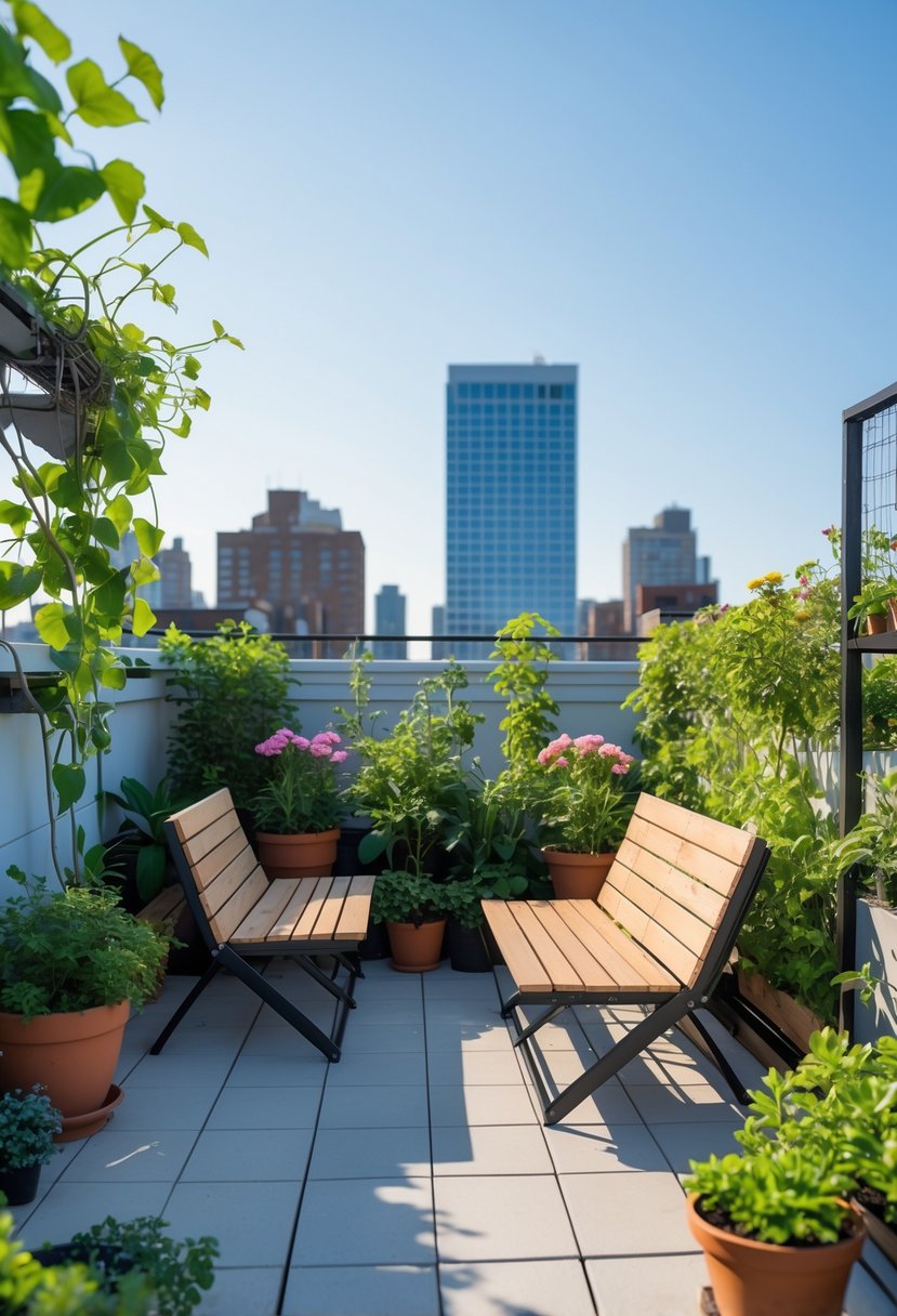 A small rooftop garden with foldable wooden benches surrounded by green plants and flowers, overlooking a city skyline.