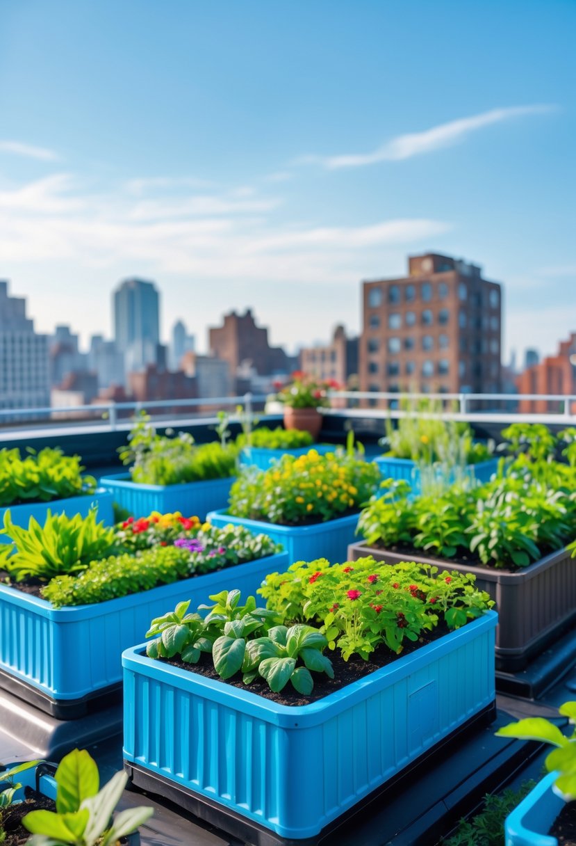 A small rooftop garden with recycled plastic planter boxes filled with green plants and flowers, overlooking city buildings.