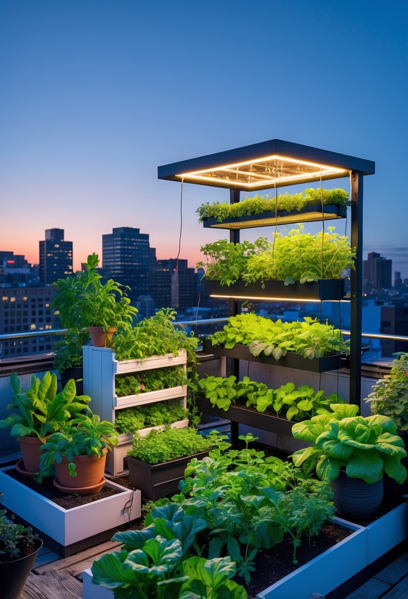 A small rooftop garden with various green plants and flowers illuminated by solar-powered grow lights at dusk, overlooking a city skyline.