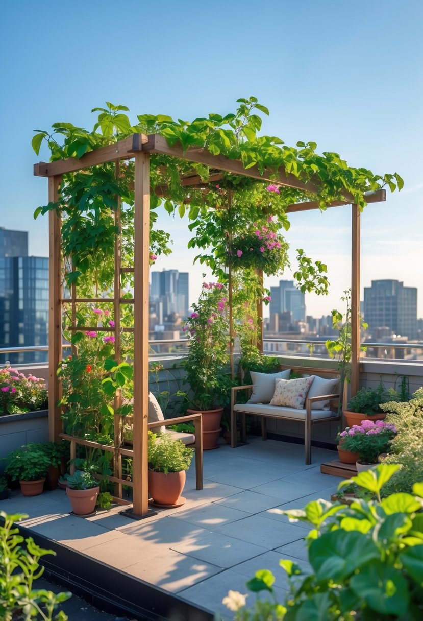 A small rooftop garden with a wooden trellis supporting climbing plants, surrounded by potted greenery and city buildings in the background.