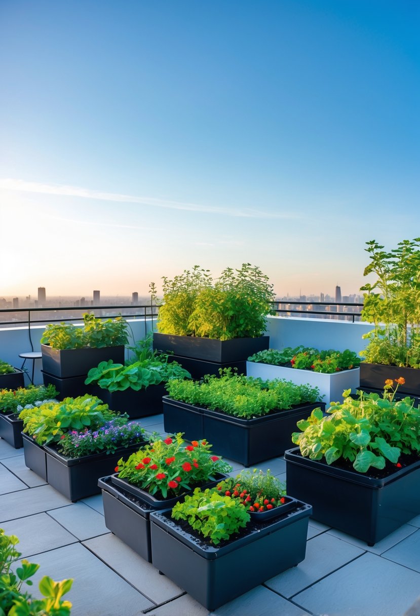 A rooftop garden with self-watering containers filled with green plants and flowers on a small urban terrace.