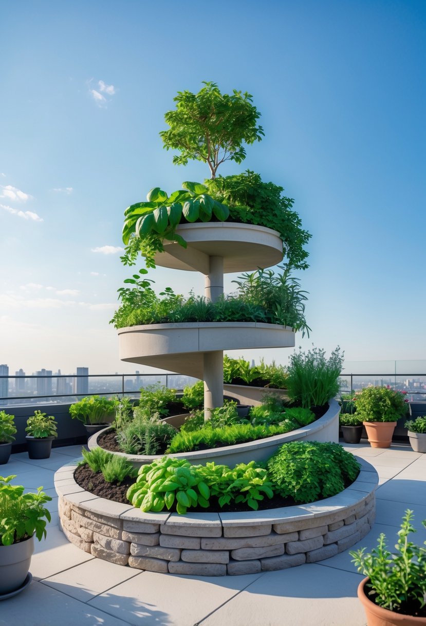 A small rooftop garden with a circular stone herb spiral filled with various green herbs and potted plants under a clear sky.