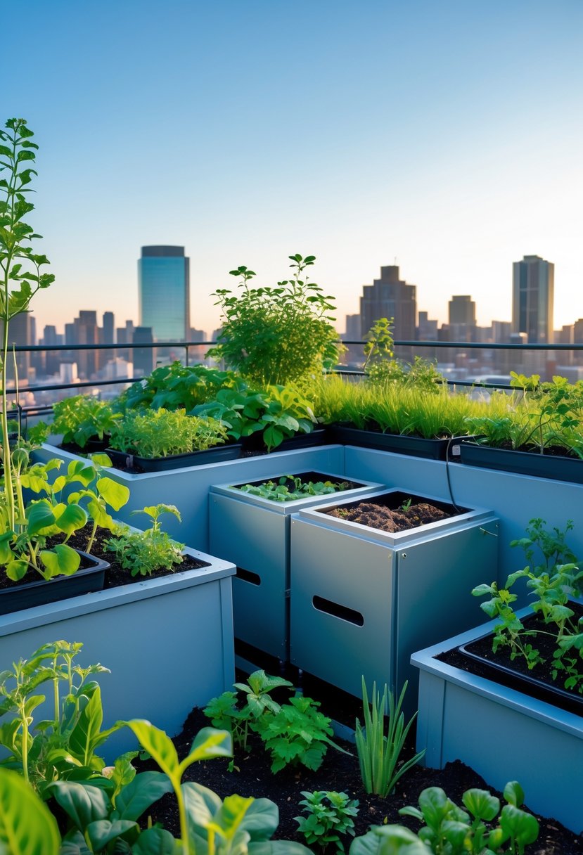 A small rooftop garden with compact compost bins, various plants, and a city skyline in the background.