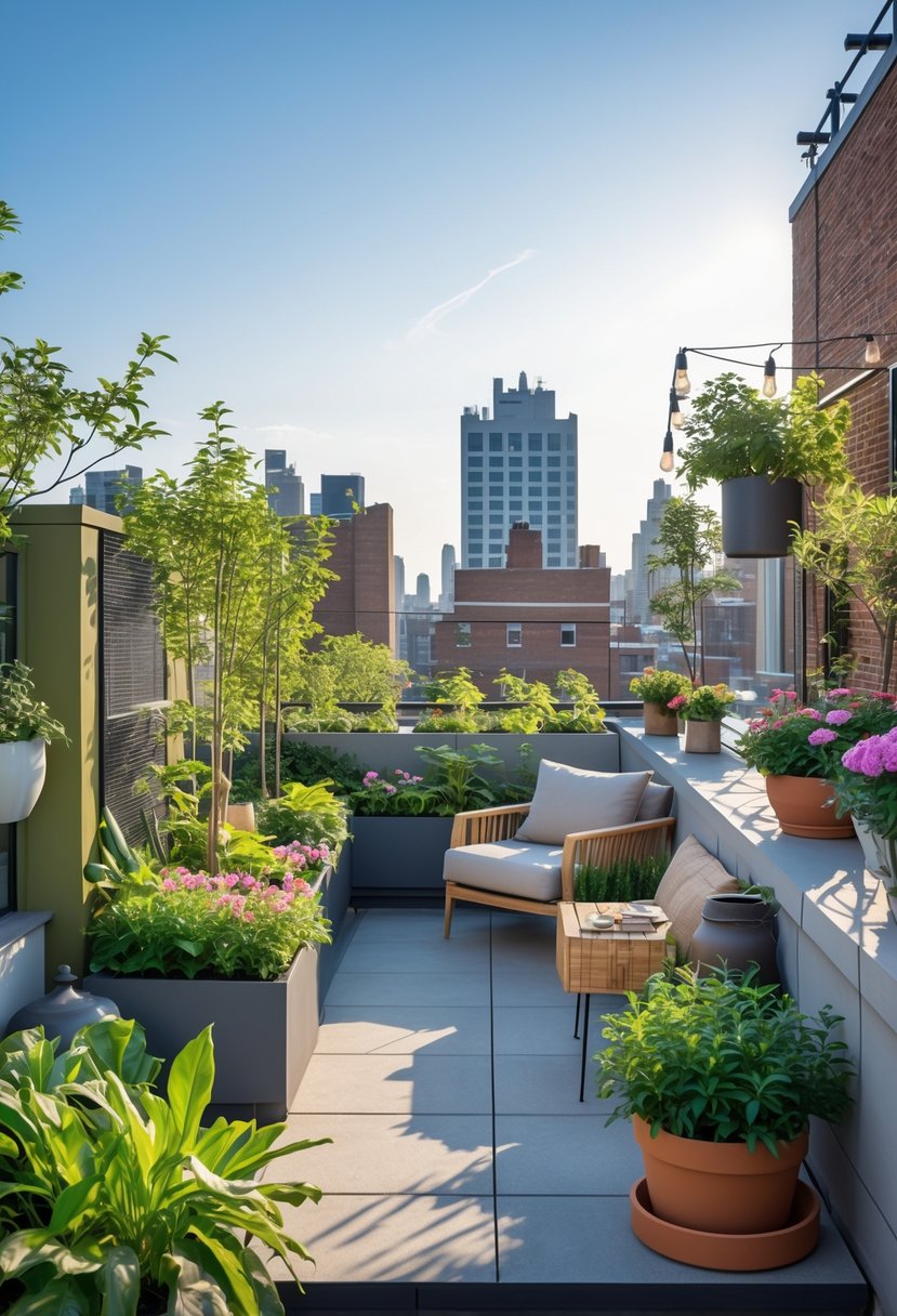 A small rooftop garden with green plants, flowers, and seating areas overlooking city buildings under a clear sky.