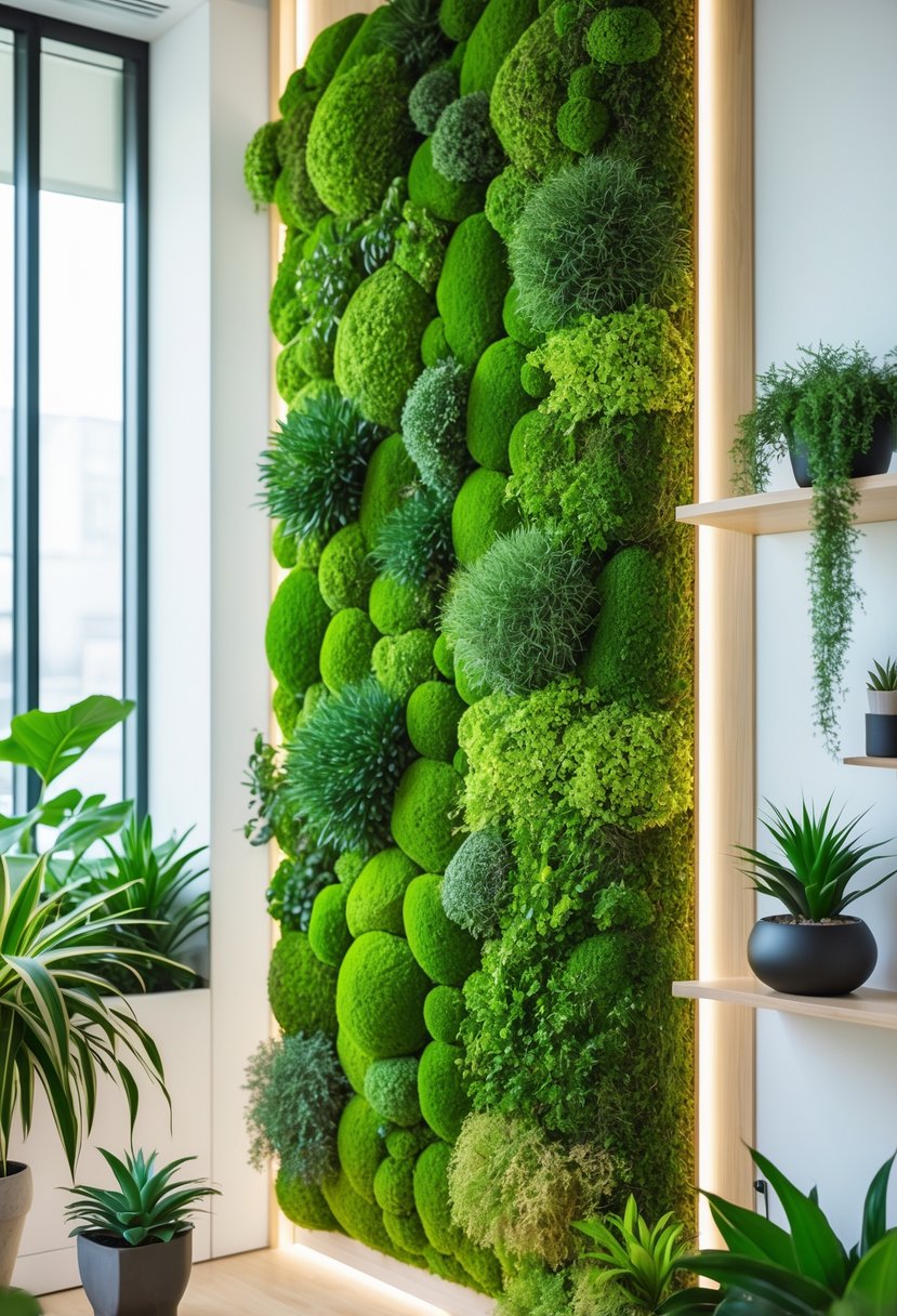 A vibrant green living moss wall used as a vertical garden inside a modern indoor space with natural light and surrounding plants.