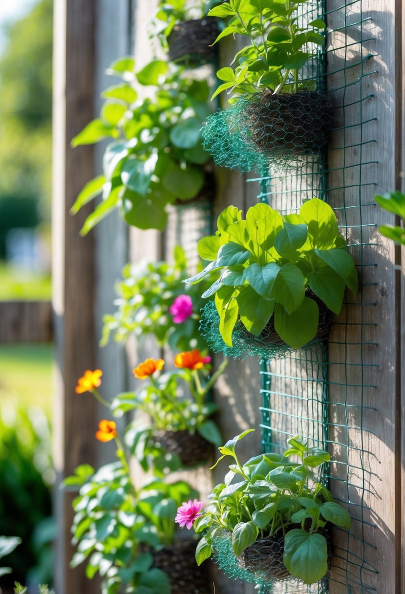 A vertical garden with various green plants and colorful flowers growing in chicken wire holders attached to a wooden fence.
