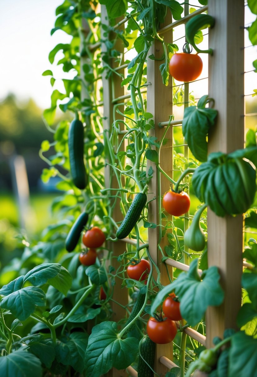 A wooden trellis covered with climbing vegetable plants, including tomatoes and cucumbers, growing upward in a garden.