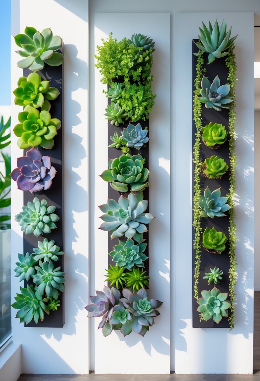 Five vertical panels mounted on a white wall, each filled with various colorful succulent plants arranged as a vertical garden.