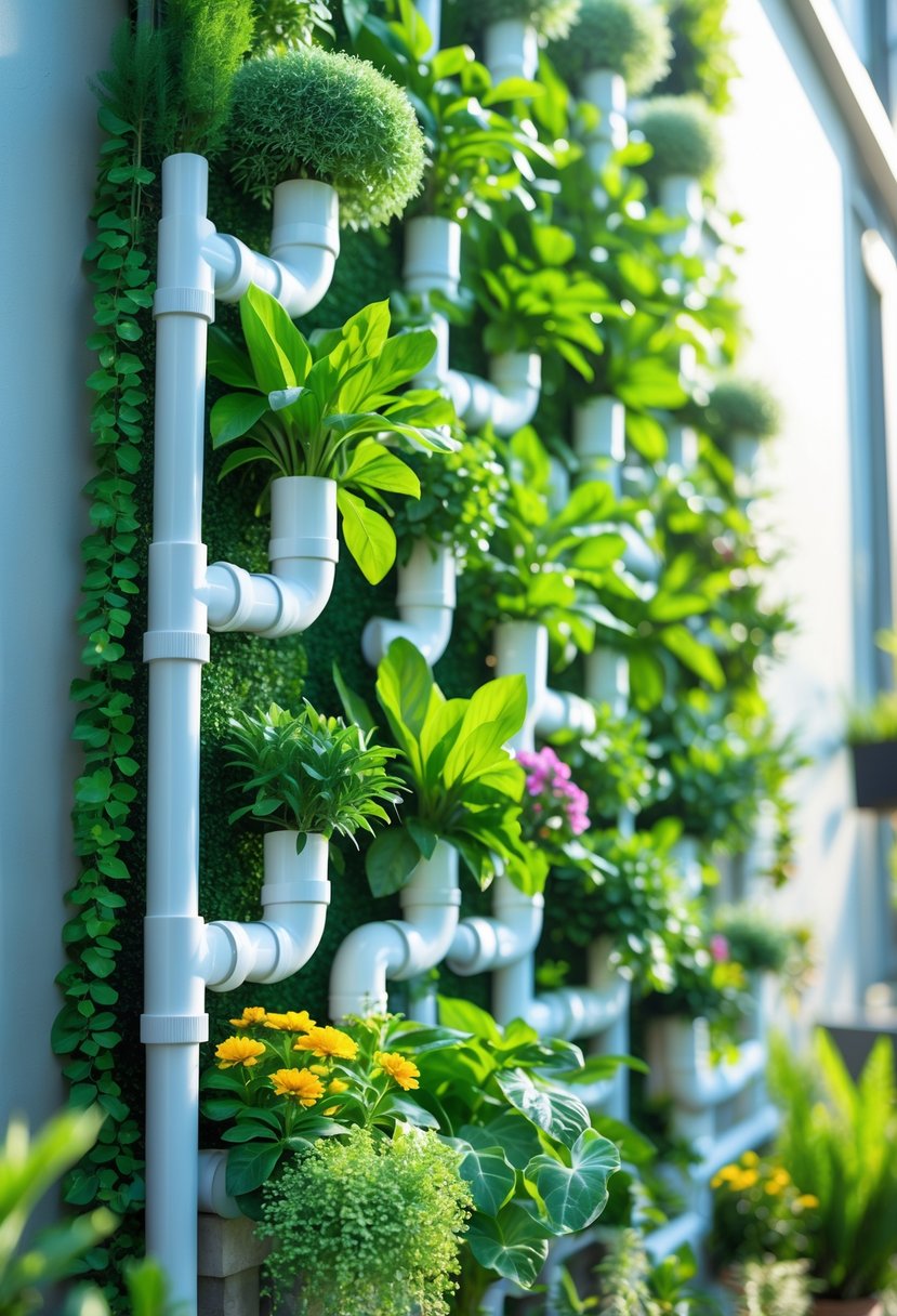 A vertical garden made from white PVC pipes filled with green plants and colorful flowers mounted on an outdoor wall.