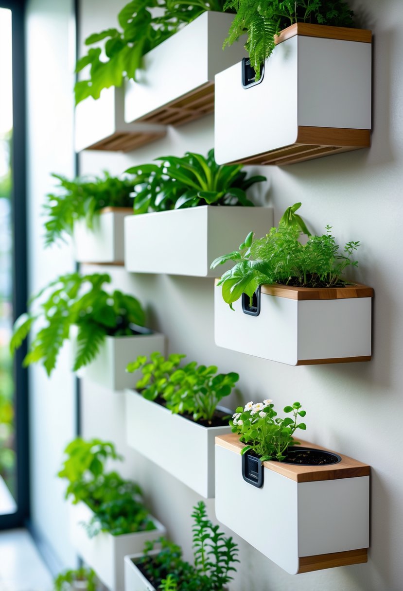 A vertical garden with wall-mounted self-watering planters holding various green plants on a neutral-colored wall.
