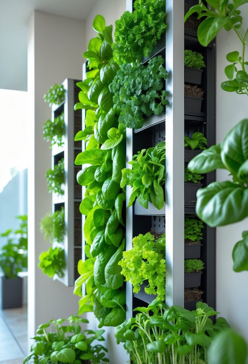 Indoor vertical garden with various fresh green vegetables and herbs growing in vertical planters on a wall.