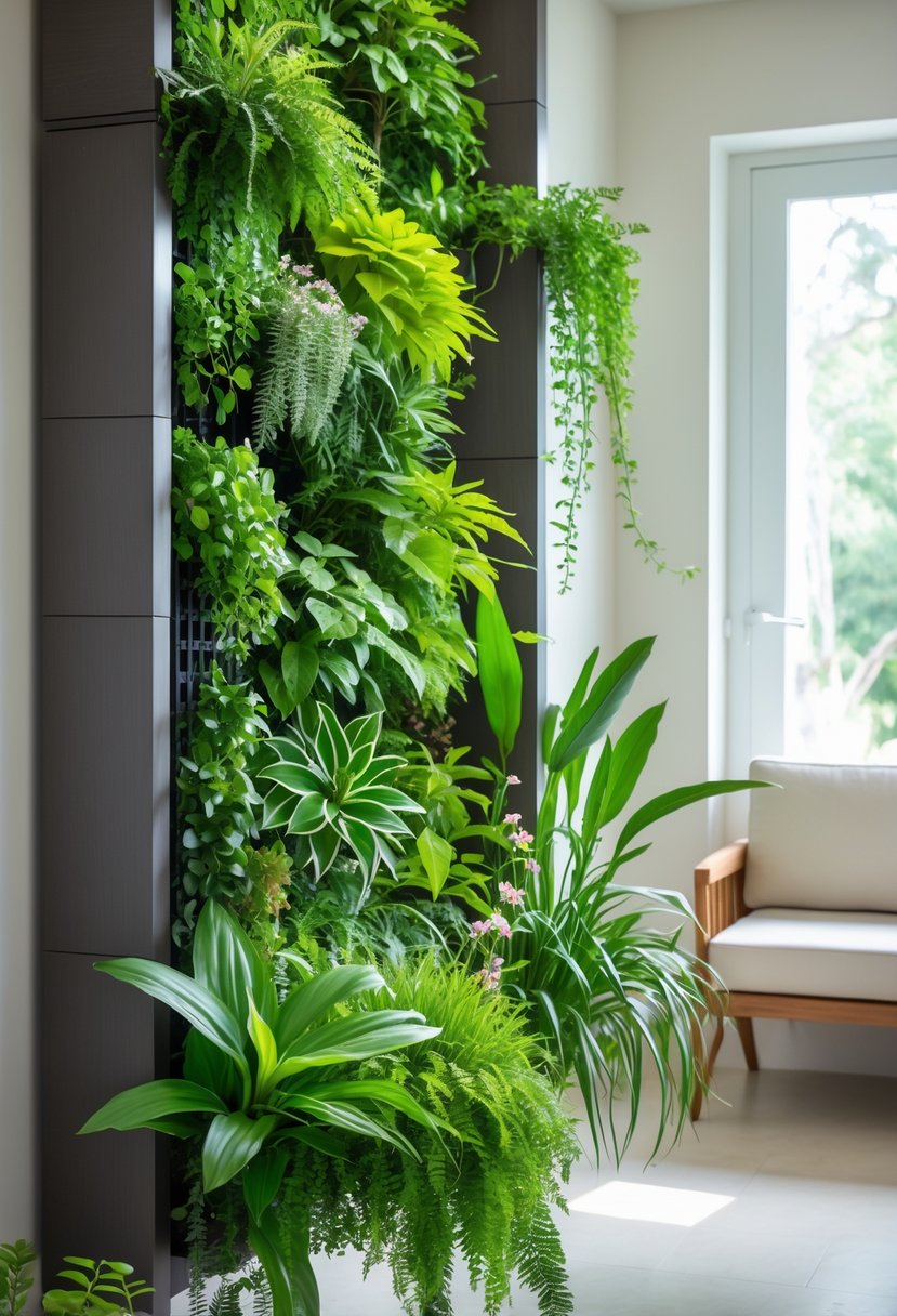 Indoor vertical garden with various green plants arranged on a wall in a bright living space.