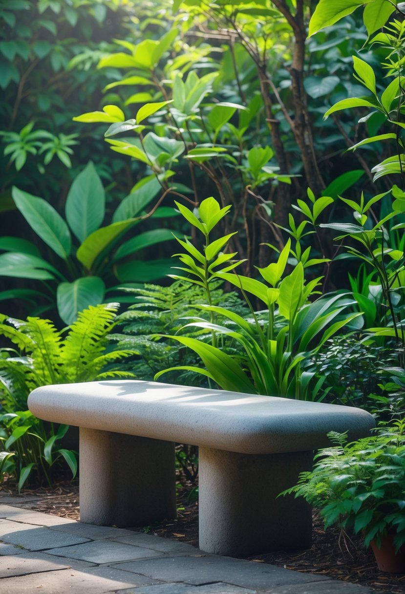 A stone meditation bench surrounded by lush green plants in a peaceful garden.