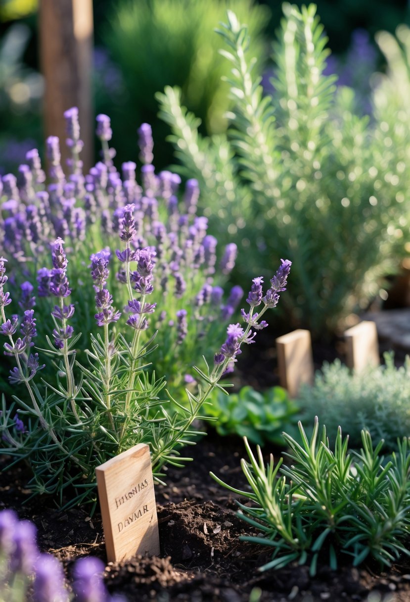 A garden with blooming lavender and rosemary plants growing in neat soil beds surrounded by greenery.
