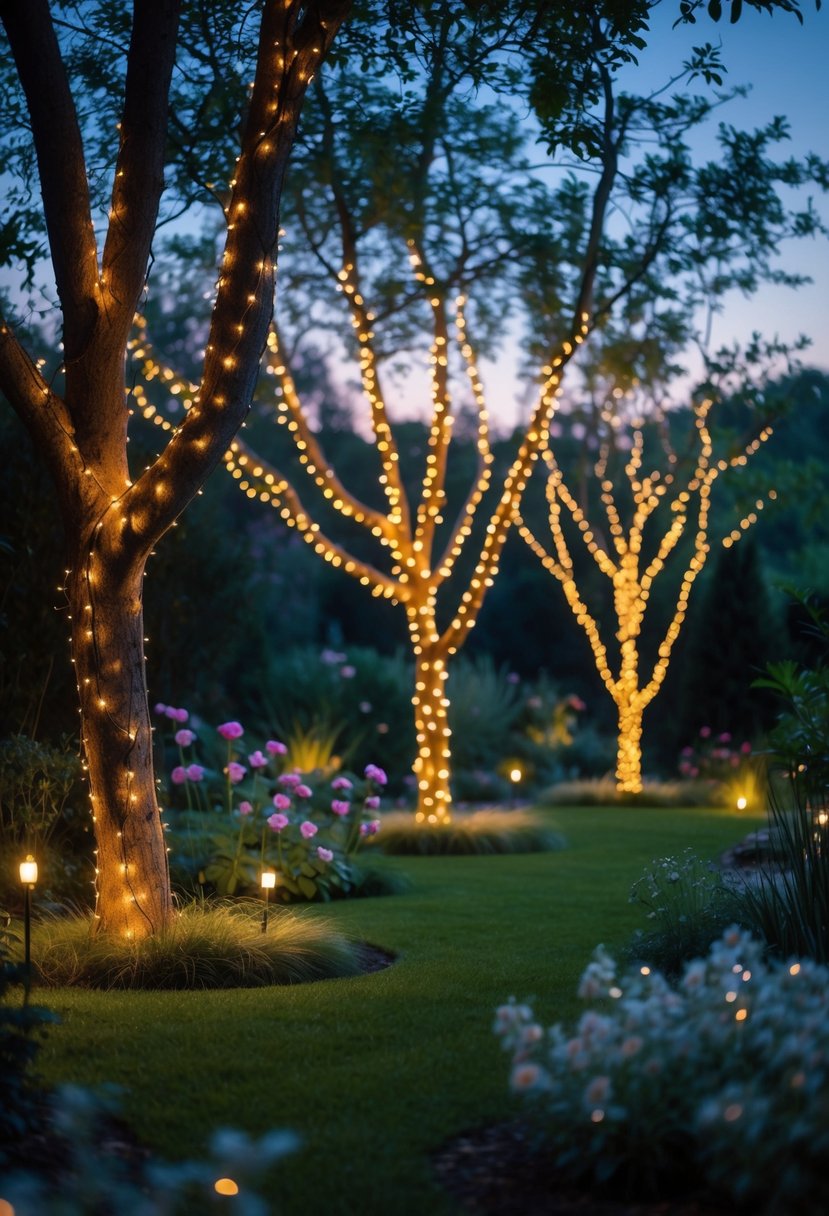 A peaceful garden with trees wrapped in glowing fairy lights during dusk.