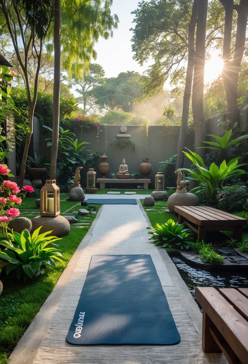 Outdoor yoga area with a non-slip mat surrounded by plants, trees, and peaceful garden features.