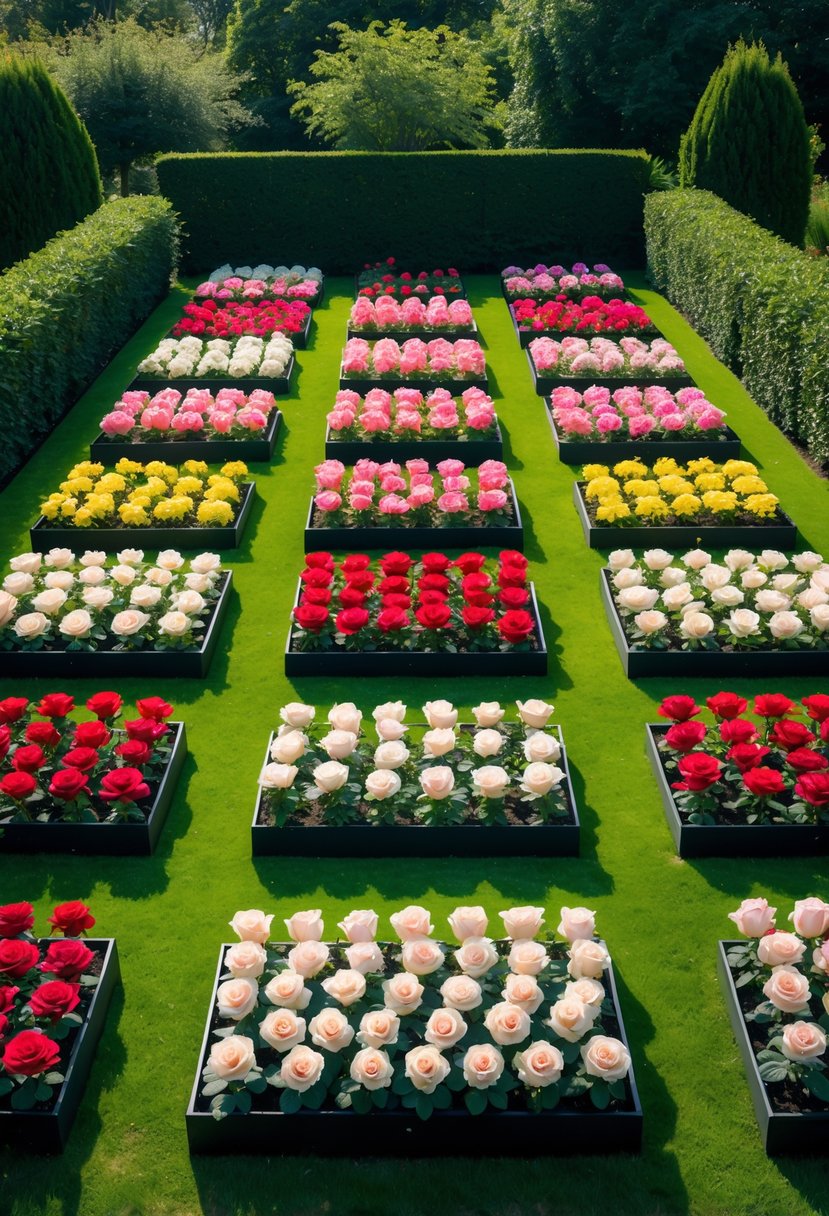 A rose garden with twelve neatly arranged rose beds filled with colorful blooming roses and green grass pathways.