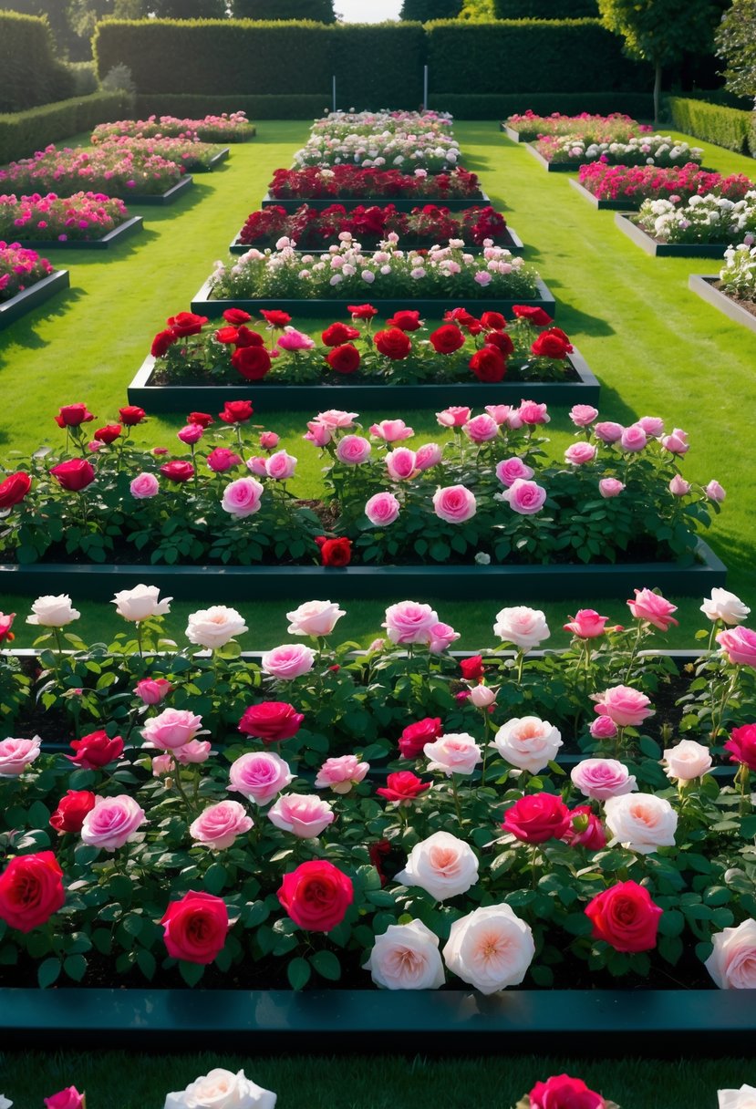 A rose garden divided into four rectangular flower beds separated by grass walkways, filled with blooming roses and surrounded by greenery.