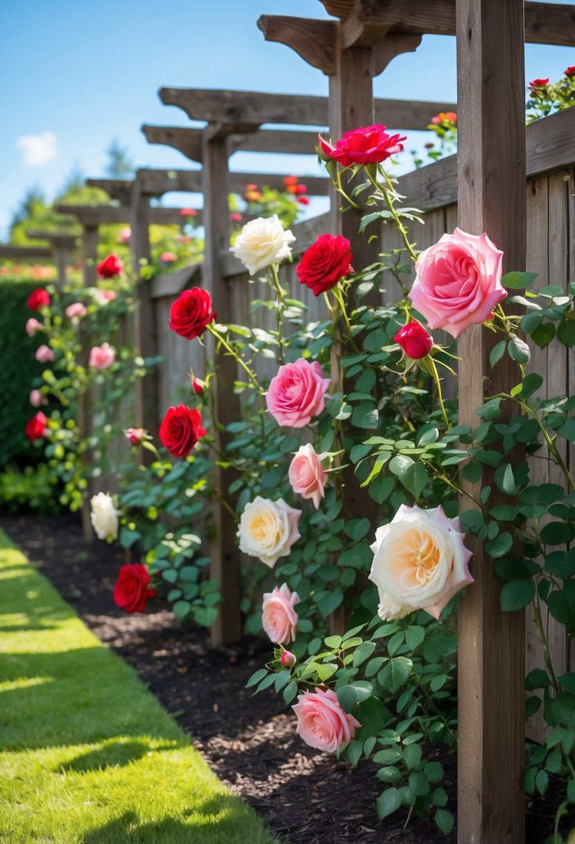 A rose garden with climbing roses spaced along wooden fences and arbors, showing vibrant red, pink, and white blooms in a sunny outdoor setting.