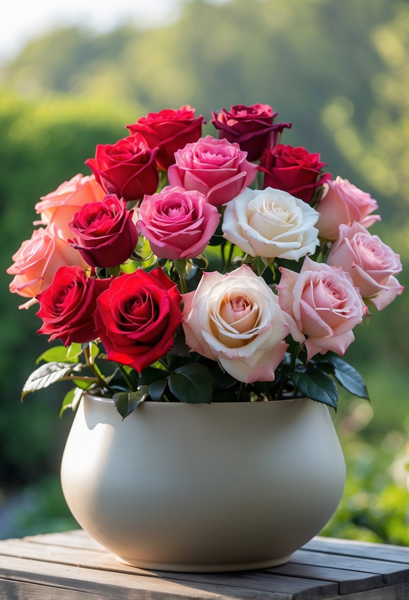 A large container filled with twelve blooming roses arranged in a neat grid on a wooden surface with greenery in the background.