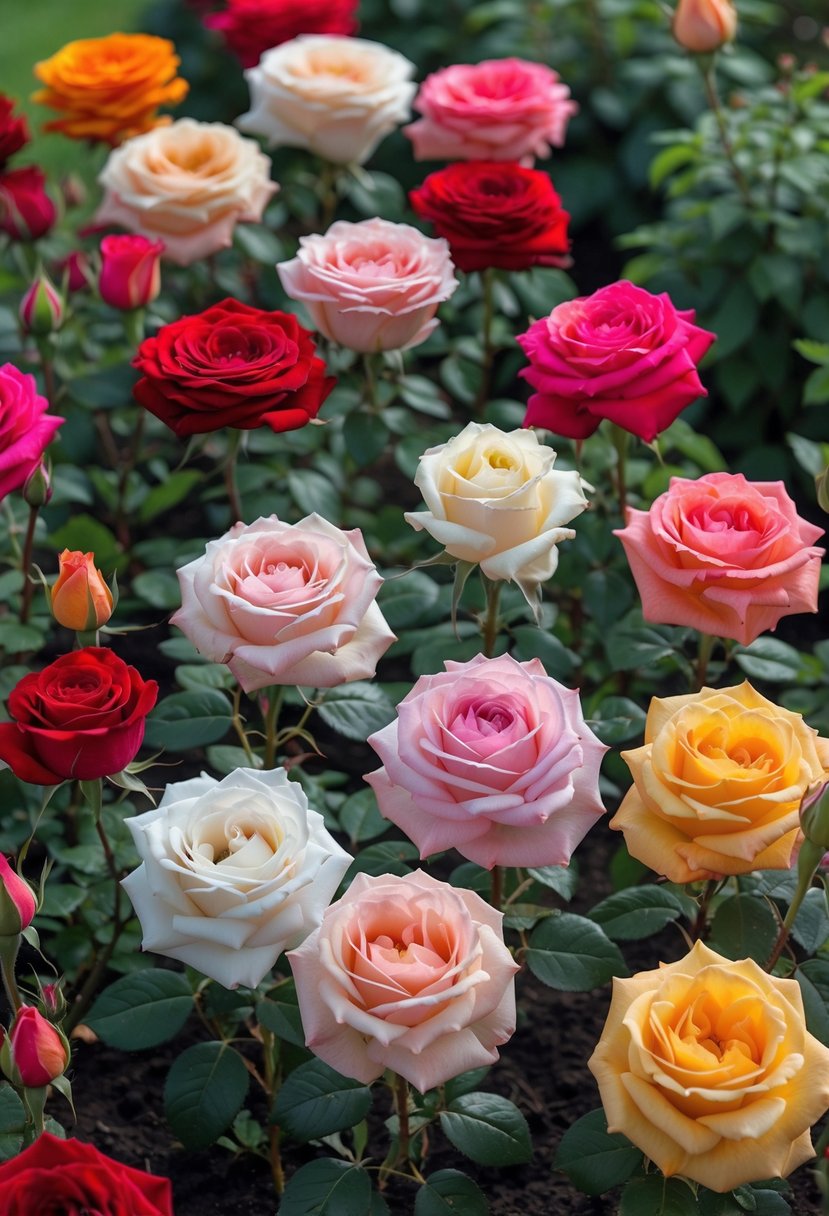 A garden with twelve different types of colorful roses arranged in neat rows and clusters.