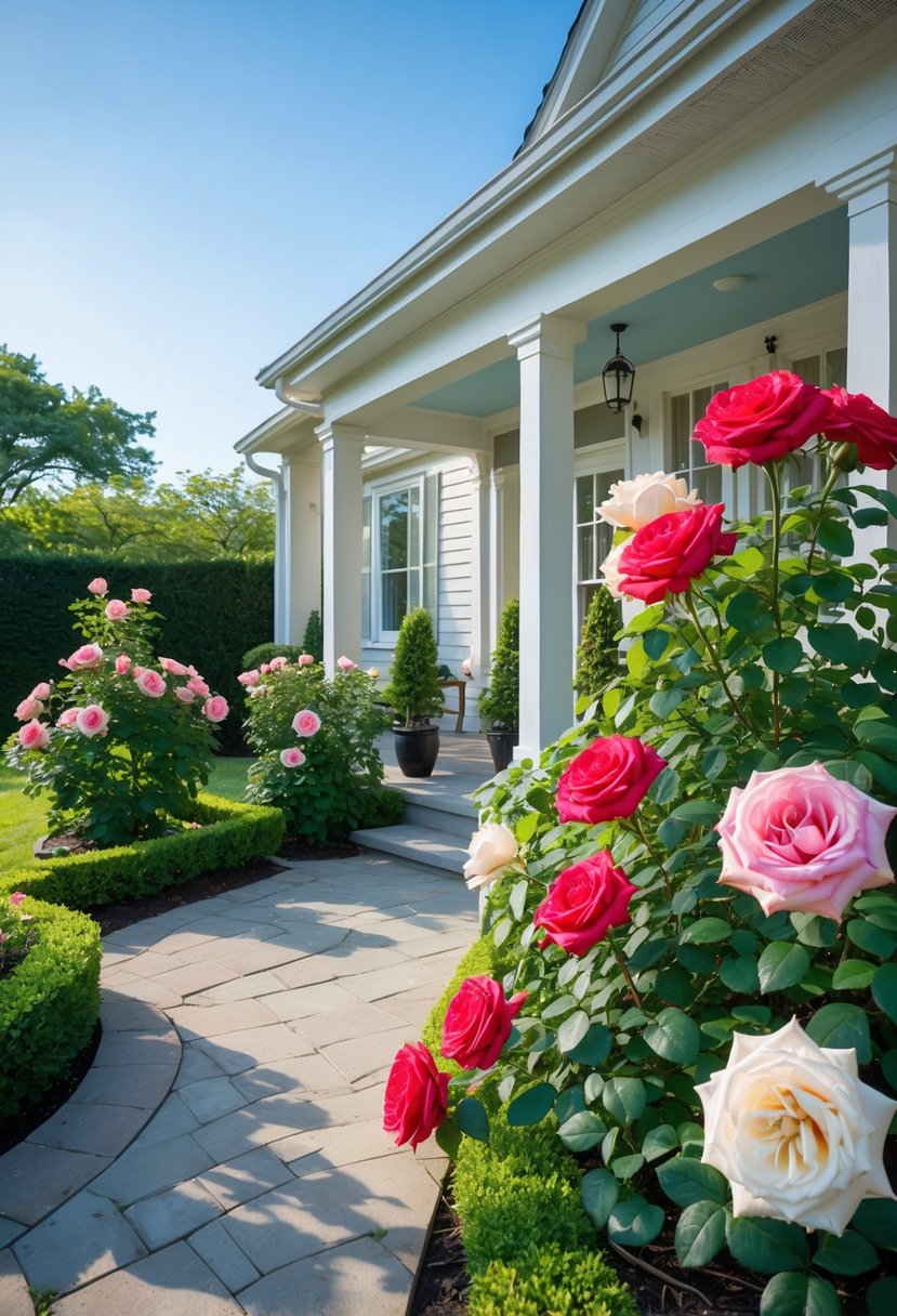 A front entryway with twelve blooming rose bushes arranged in a neat garden layout along a stone walkway leading to a home's porch.