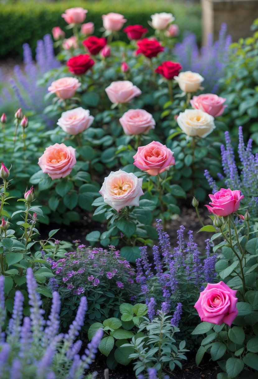 A garden with twelve rose bushes surrounded by lavender and catmint plants in a lush outdoor setting.