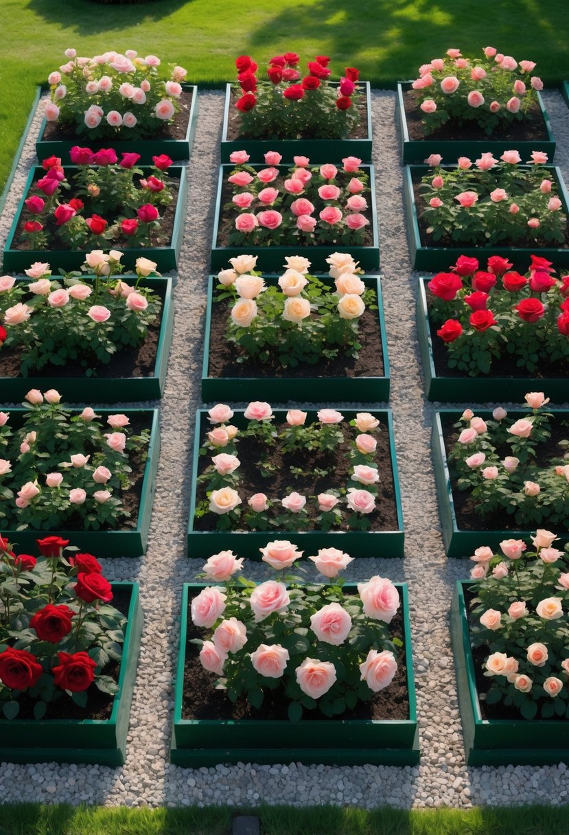A garden with twelve rose beds separated by grass and gravel pathways, filled with blooming roses in different colors.