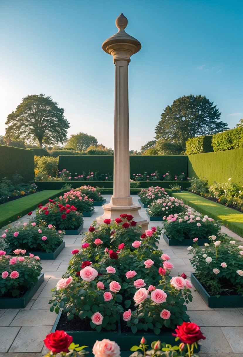 A rose garden with a tall rose obelisk at the center surrounded by twelve symmetrical rose beds filled with blooming roses.