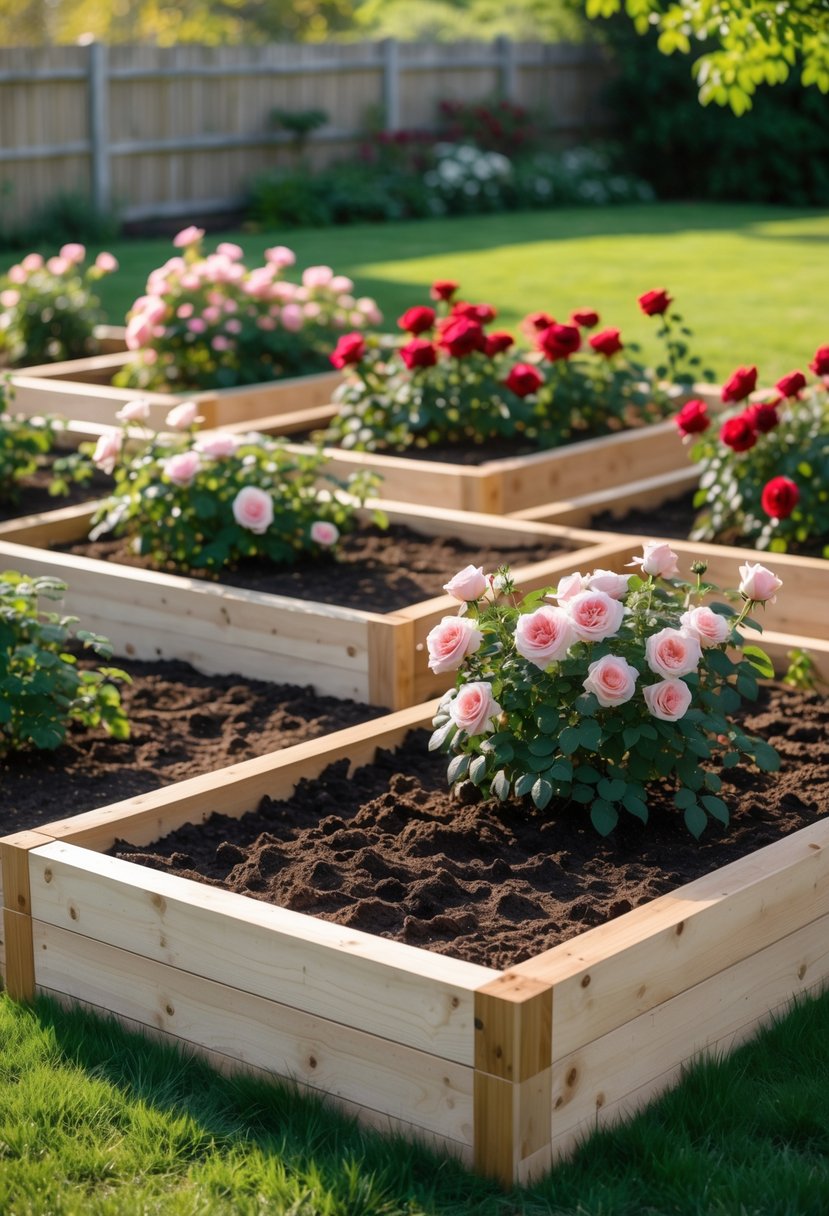 A neatly arranged rose garden with twelve wooden raised beds filled with blooming roses and clear pathways between them.