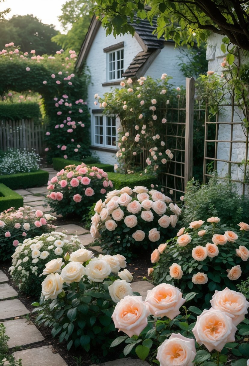 A garden with twelve blooming rose bushes arranged along stone paths and rustic fencing, surrounded by greenery and a small cottage in the background.