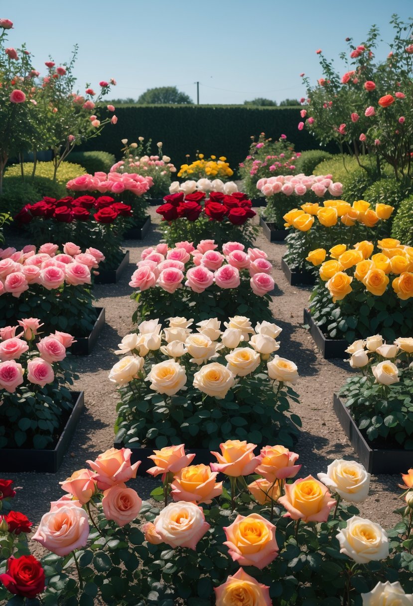 A garden with twelve rose bushes arranged in neat rows, each blooming with different colored roses in a sunny outdoor setting.