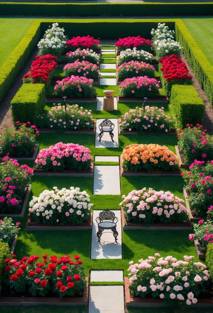 A rose garden with twelve sections of blooming roses and seating areas including benches and chairs along the pathways.