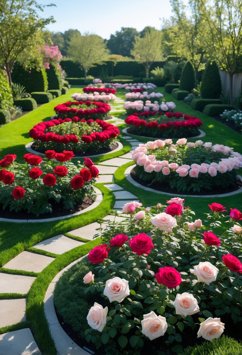 A neatly arranged rose garden with vibrant blooming roses, stone pathways, and green lawns under a clear sky.