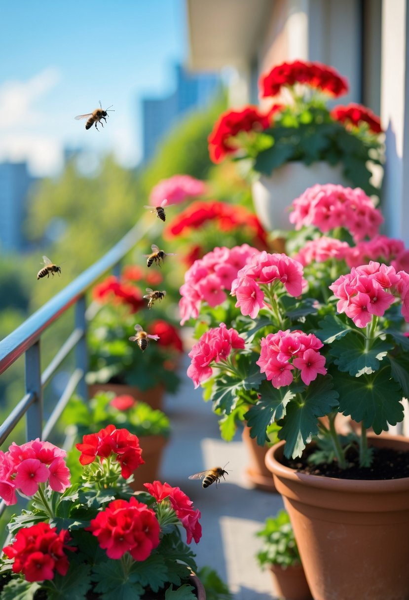 A balcony with blooming red and pink geraniums attracting bees and butterflies on a sunny day.
