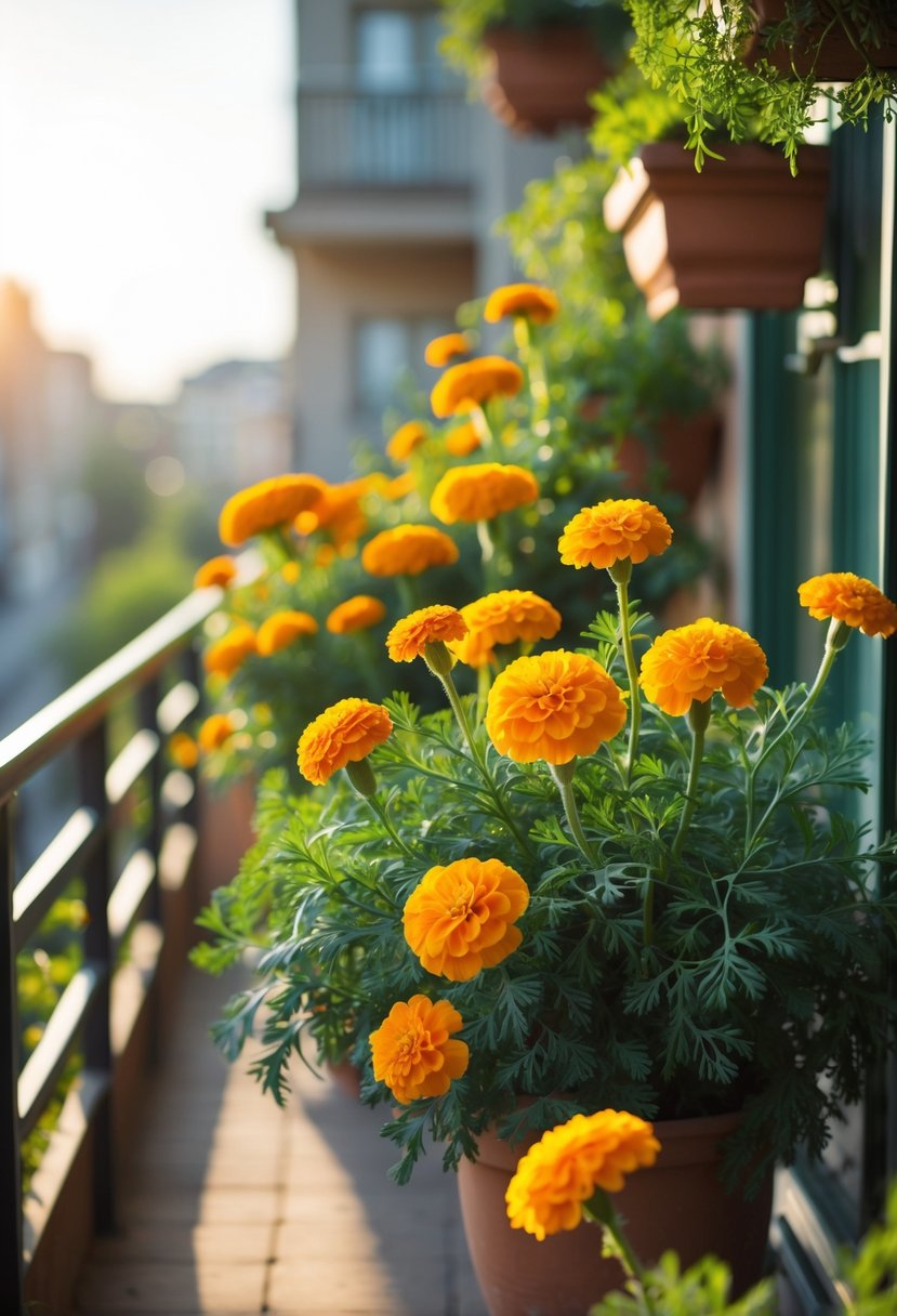A sunlit balcony with bright orange and yellow marigold flowers in pots along the railing surrounded by green leaves.