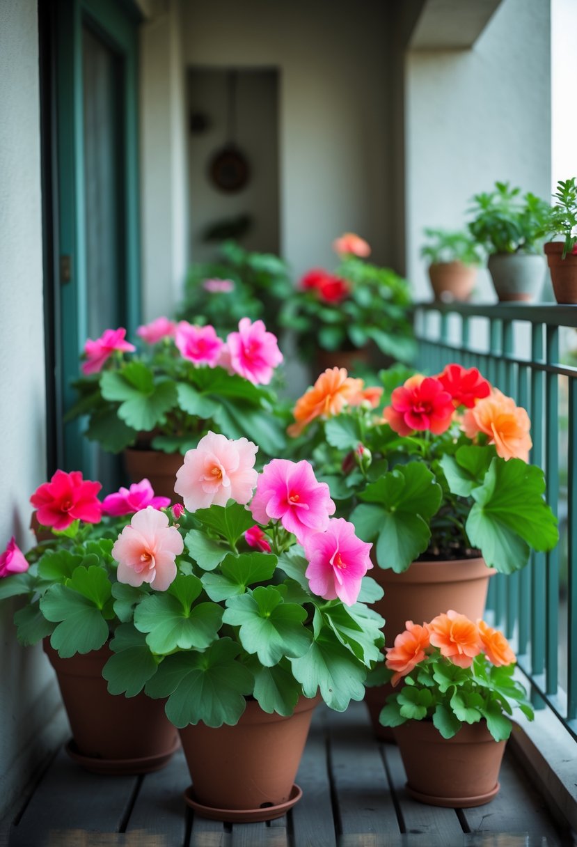 Colorful begonias growing in pots on a shaded balcony with green leaves and bright flowers.