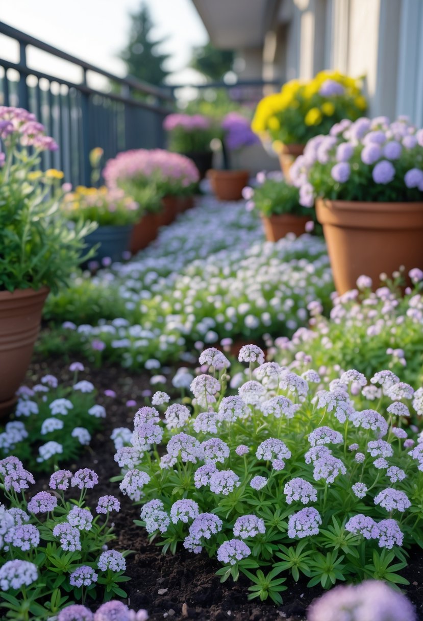 A balcony garden with dense clusters of white and light purple Sweet Alyssum flowers covering the ground, surrounded by other colorful flowers in pots.