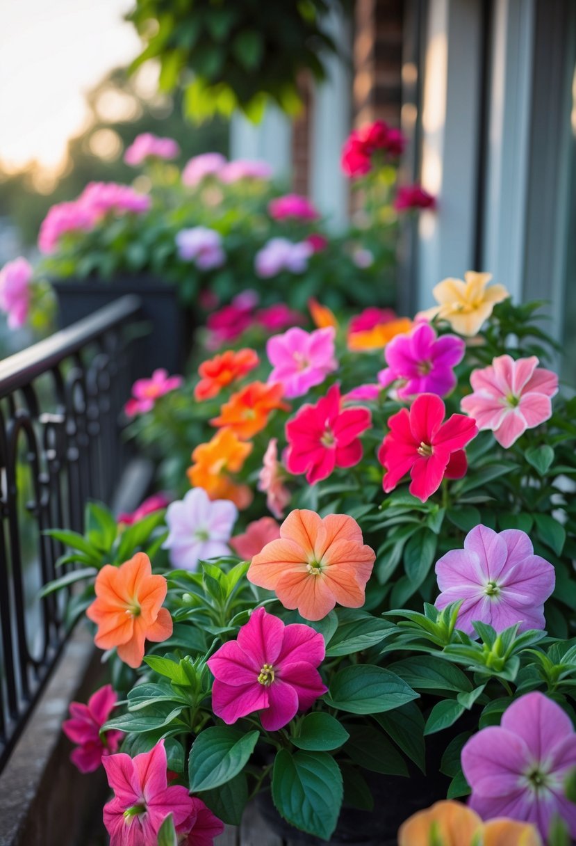 A balcony garden filled with colorful impatiens flowers in bright pink, red, orange, and purple shades under partial shade.