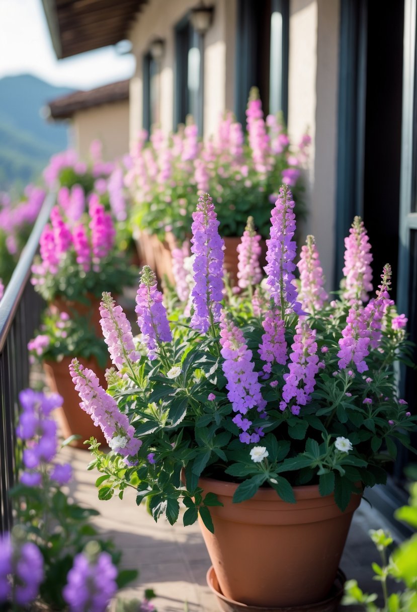 A balcony filled with pots of colorful blooming Verbena flowers in shades of pink, purple, and white.