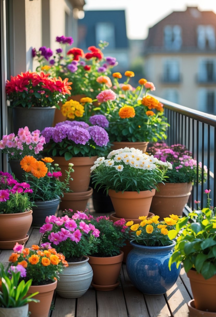 A balcony filled with thirteen different colorful flowering plants arranged in pots and planters, with a blurred outdoor background.