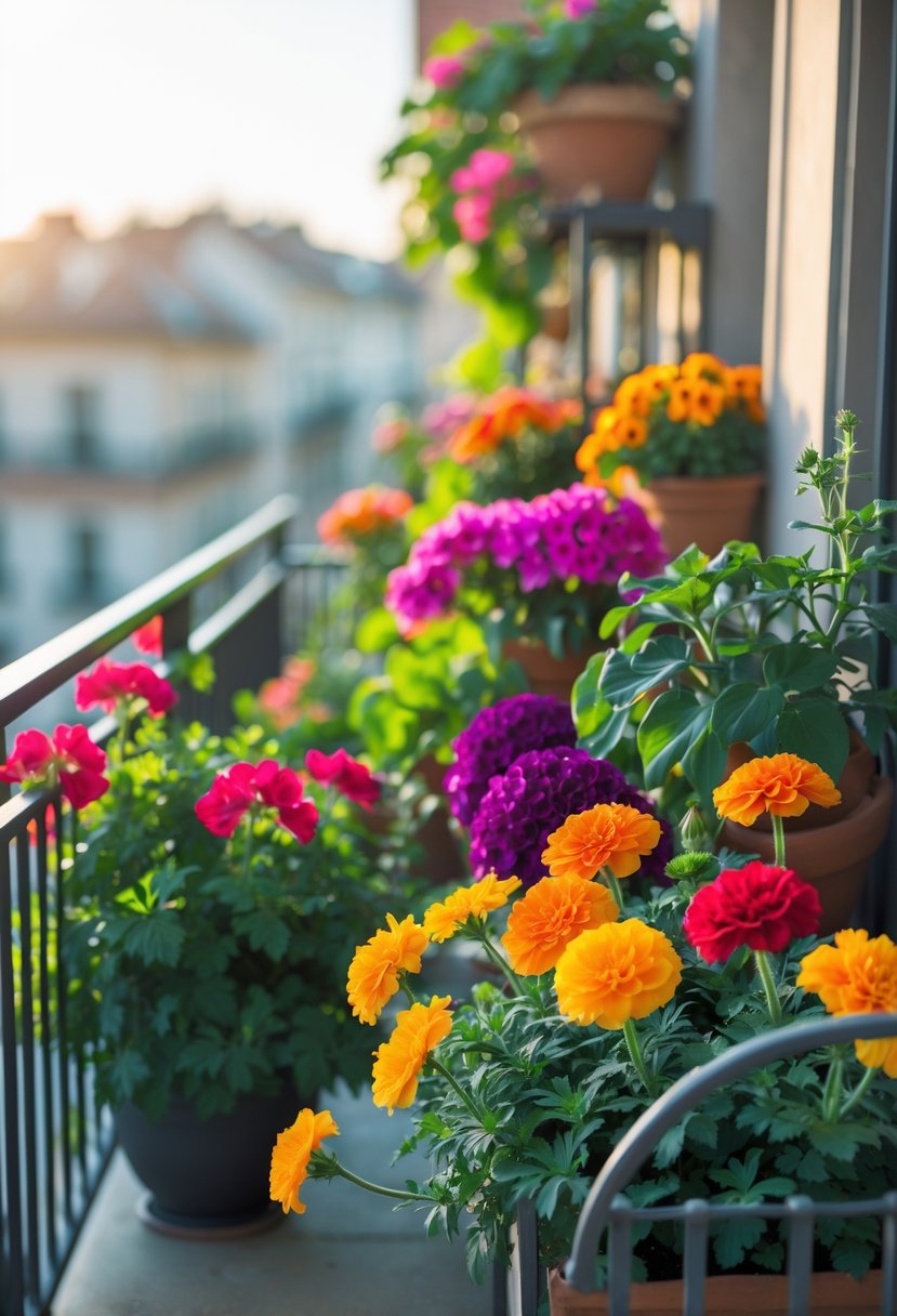 A balcony decorated with colorful blooming flowers and green plants under natural sunlight.