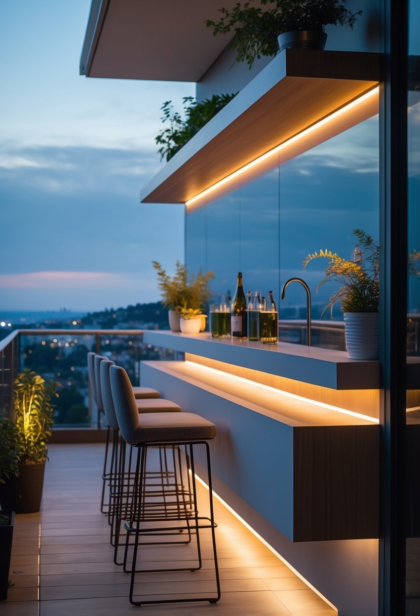 A floating shelf bar with under-shelf LED lighting on a balcony, featuring bar stools and plants with a view in the background.
