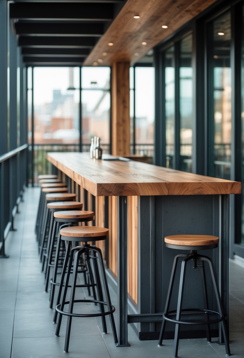 A balcony bar area featuring a metal and wood bar counter with ten bar stools arranged along it.