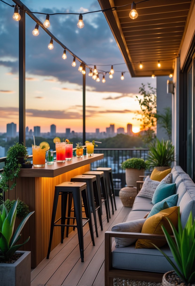 A balcony with a wooden bar counter, stools, colorful drinks, plants, and city skyline in the background.