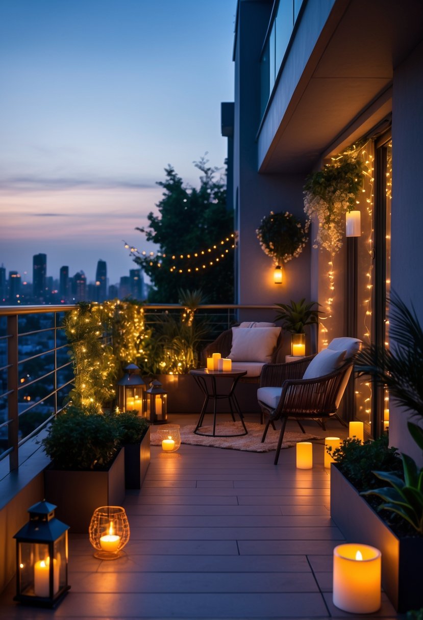 A balcony at dusk with various types of decorative lights illuminating a seating area surrounded by plants and a cityscape in the background.