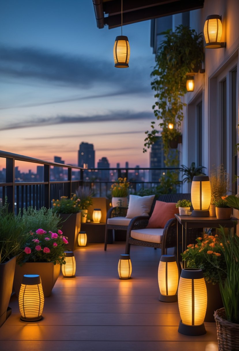 A balcony at dusk with twelve solar-powered garden lanterns lighting up plants and outdoor furniture.