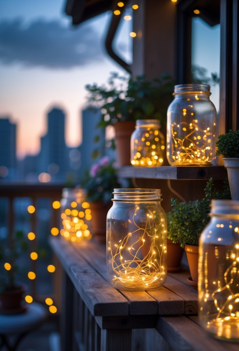 Glass jars filled with glowing fairy lights arranged on a balcony with plants and outdoor furniture at dusk.
